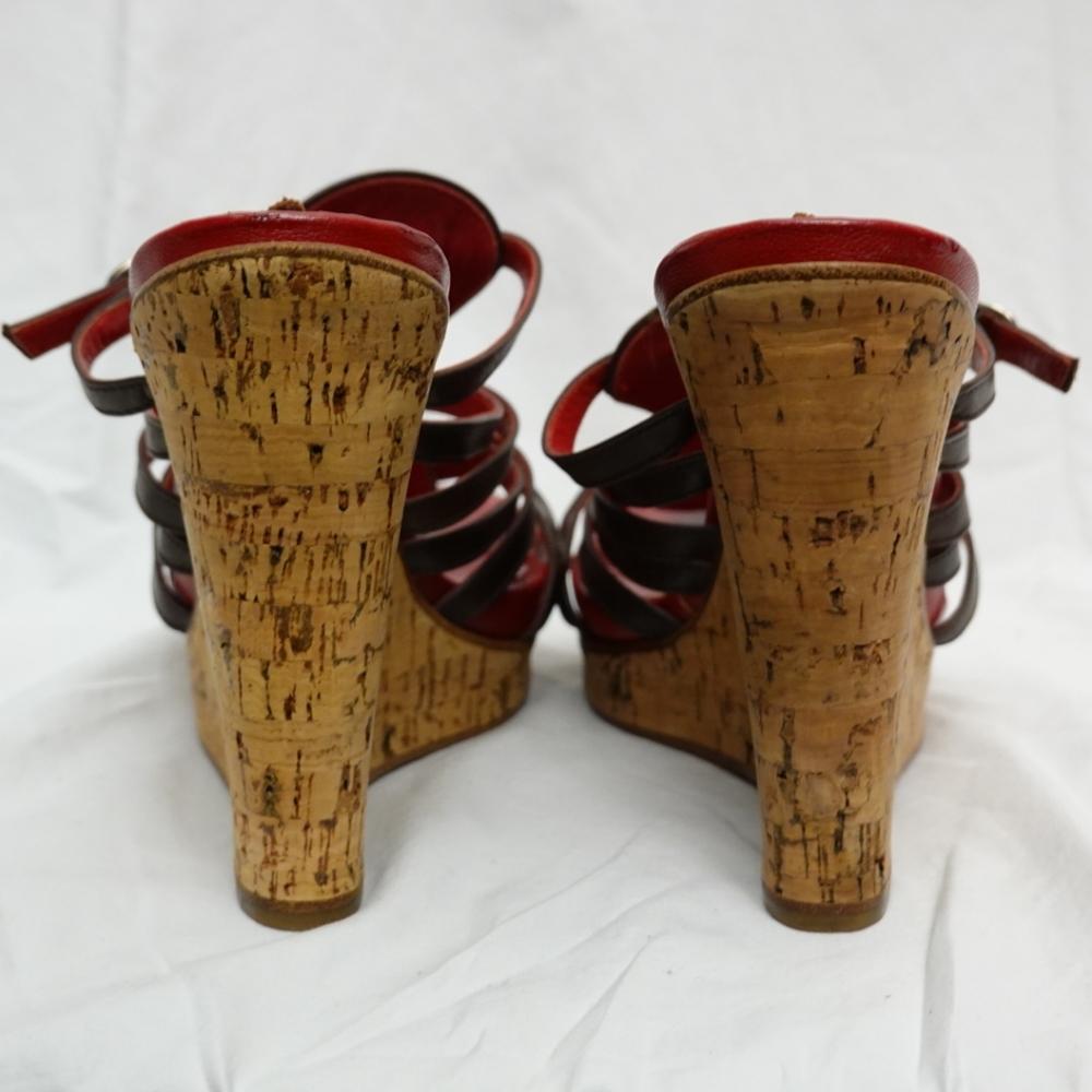 POLLINI Red & Brown Strappy Cork Platform Wedge Sandals, size 37 - Picture 7 of 8